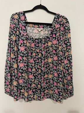 Women’s Loft Floral Square-Neck Long Sleeve Top - Black/Pink